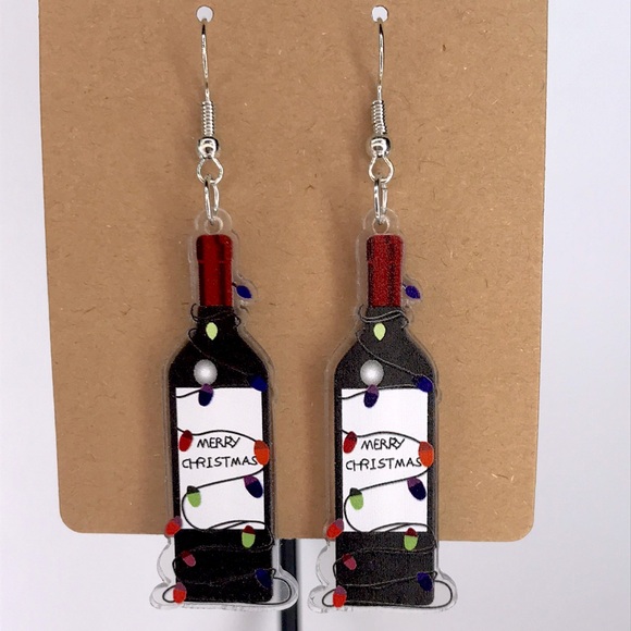 Jewelry - Red Wine Bottle Acrylic Dangle Christmas Earrings
